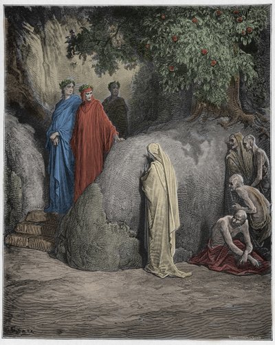 Purgatorio, Canto 23: Dante reconoce la sombra de Forese Donati entre los glotones, ilustración de La Divina Comedia de Dante Alighieri, 1885 (grabado coloreado digitalmente) de Gustave after Dore